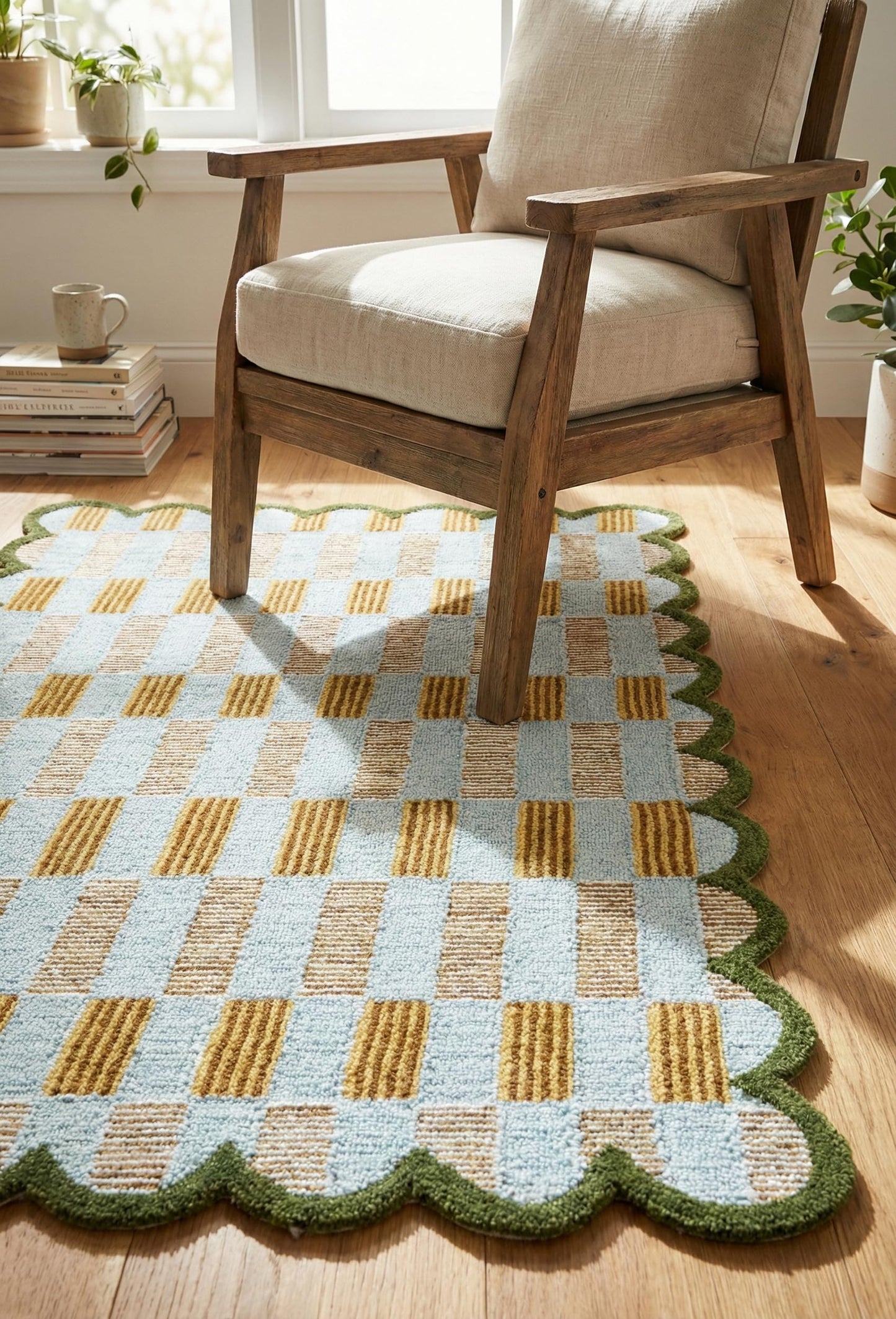 Weaving Village Hand Tufted Wool Rug with Scalloped Edges, Light Blue Plaid Pattern, Soft Area Rug for Living Room, Bedroom, and Nursery, Handmade Modern Accent Rug, Meadow Sky, 2'x3'