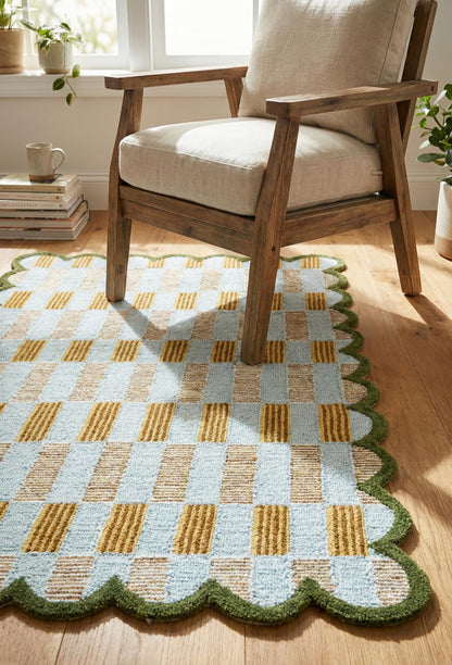 Weaving Village Hand Tufted Wool Rug with Scalloped Edges, Light Blue Plaid Pattern, Soft Area Rug for Living Room, Bedroom, and Nursery, Handmade Modern Accent Rug, Meadow Sky, 2'x3'