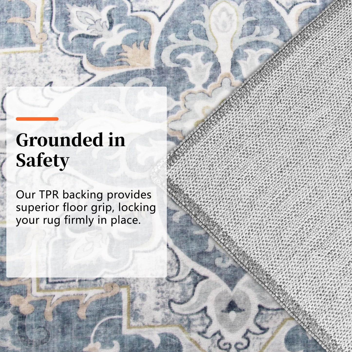 TTelephant 3x5 Washable Rug, Vintage Medallion Small Carpet for Living Room and Bedroom, Low Pile Indoor Entryway Rug with Non-Slip Silicone Backing, Non-Shedding, Blue/Gray