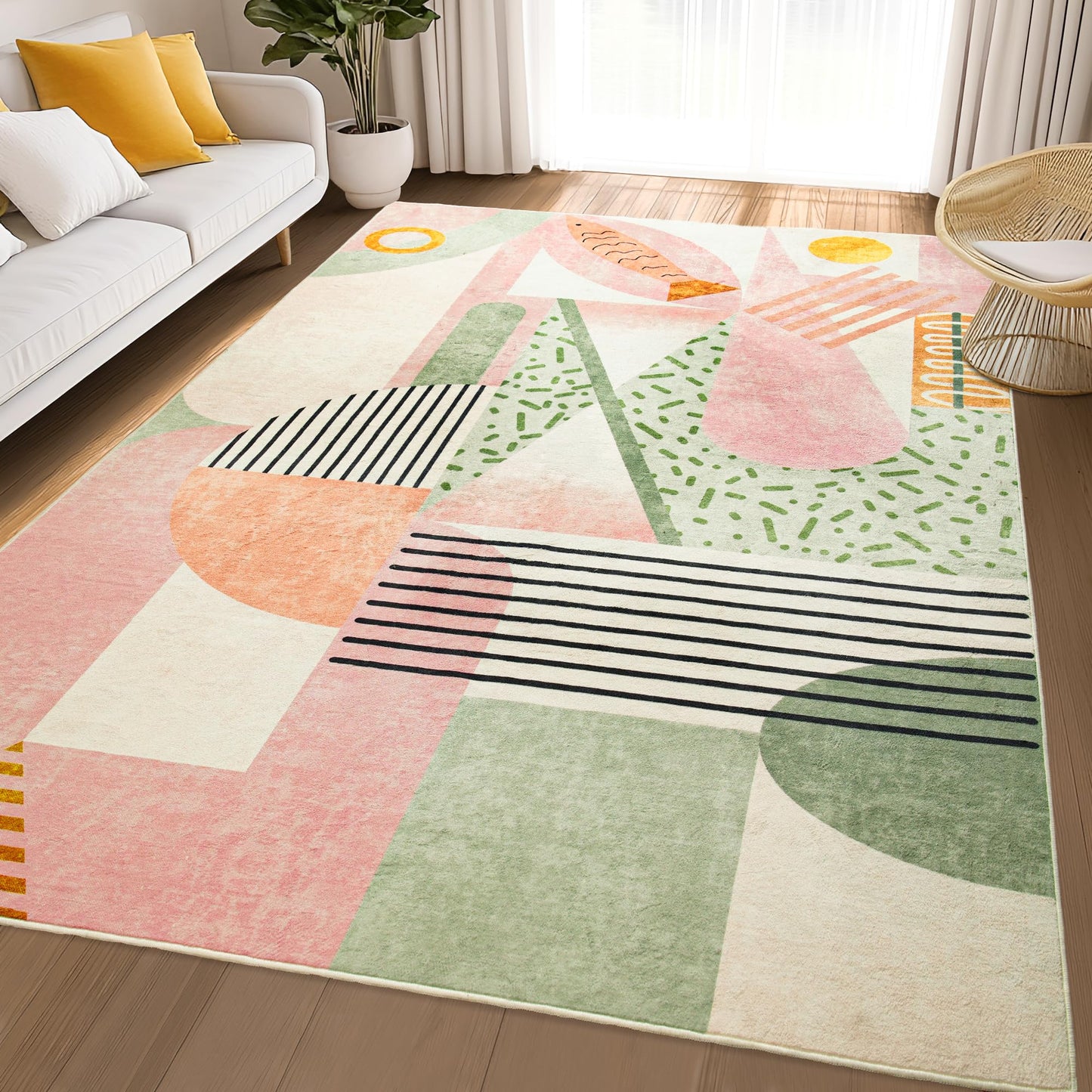 Tepook Pink Area Rug for Living Room, 5x7 Indoor Carpet for Bedroom Washable, Non-Slip Abstract Print Kids Rug for Nursery Playroom Classroom Dorm Office Dining Room