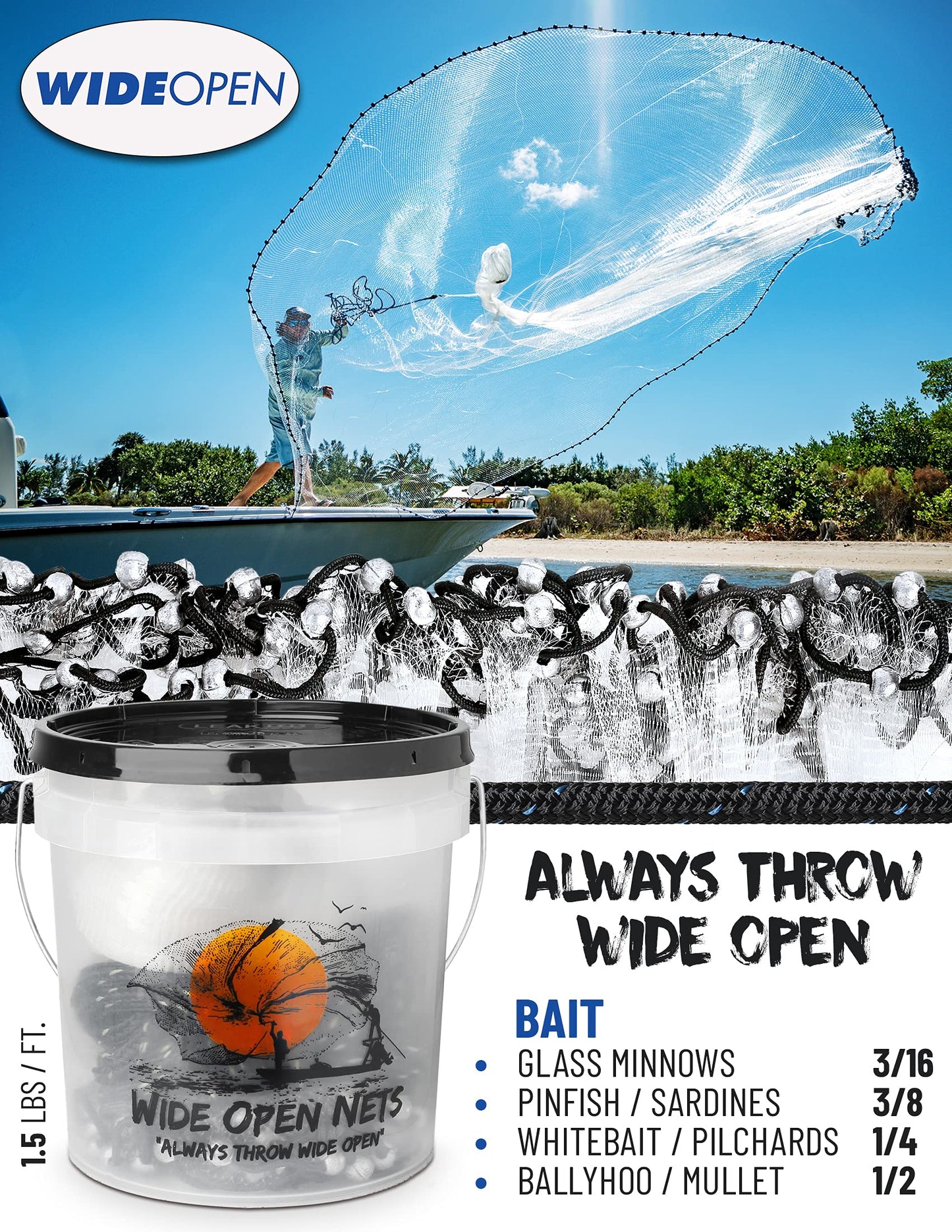 Hand Cast Net - Casting Nets for Fishing - Premium Fish Traps for Large Minnow Bait - Bait Net for Lakes, Rivers, Ocean, Salt & Freshwater- Fishing Traps Net for Small/Large Fish, 1lbs/Ft