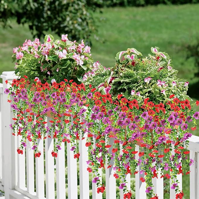 Artificial Fake Hanging Flowers Plants for Outdoor Spring Summer Autumn Decoration, 4pcs Faux Silk Realistic UV Sun Resistant Daisy for Outside Porch Patio Window Box Yard Home Decor (Red Purple)