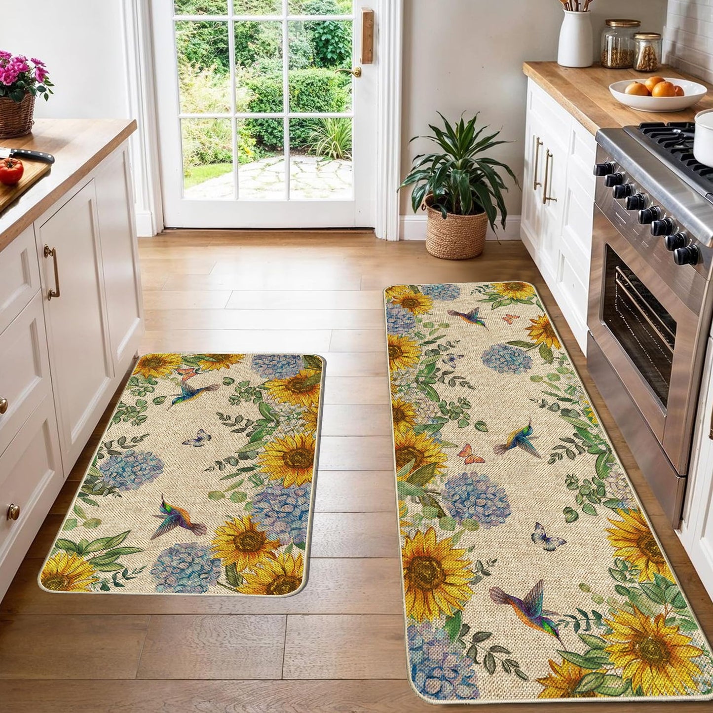 Tikeciti Spring Summer Sunflower Blue Hydrangea Kitchen Mats Set of 2, Butterflies Kitchen Rugs Seasonal Hummingbirds Holiday Floor Non-Slip Low Profile Mat Farmhouse Home Decor 17x29 and 17x47 Inch