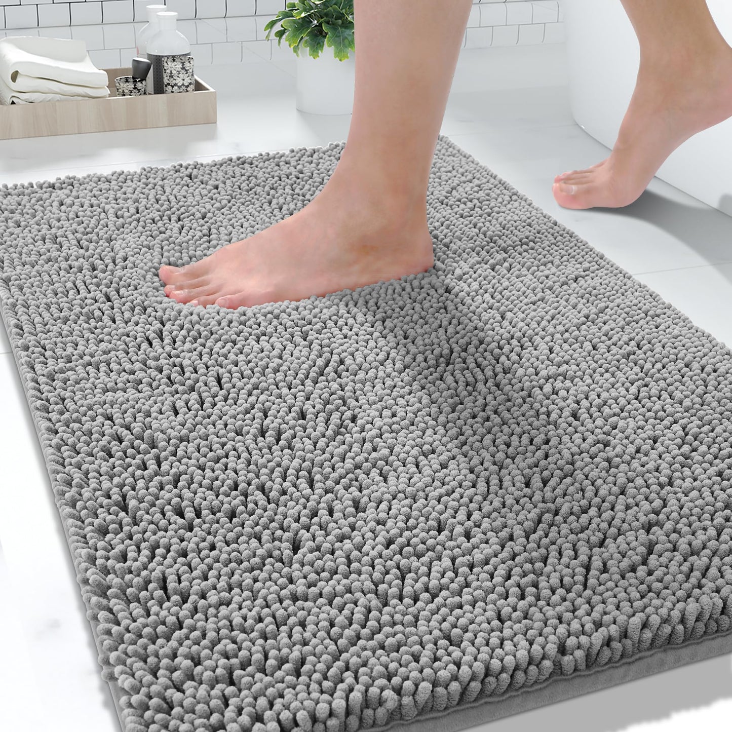 Yimobra Washable Bathroom Rugs, Super Soft & Absorbent Chenille Bath Mat for Floor & Carpet, Quick Dry Non Slip Bath Mat for Tub Shower, 24" x 17",Gray