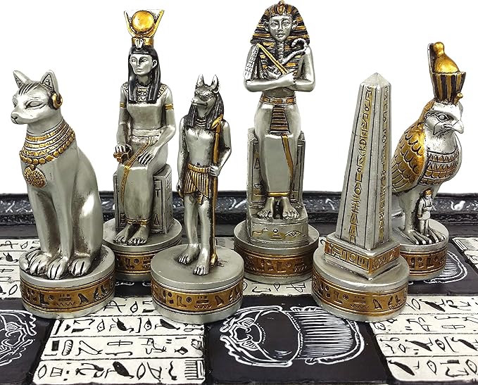 Egyptian Anubis Chess Set Black Silver and Gold Men with 16 Hieroglyphic Board