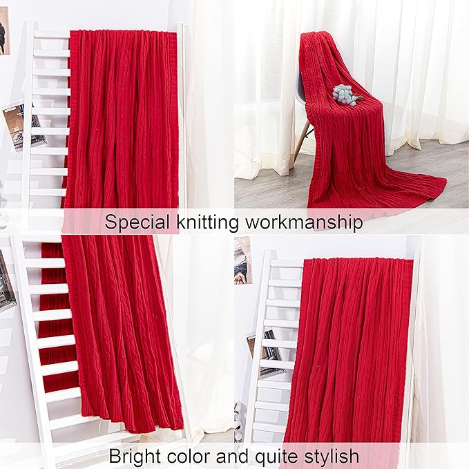NTBAY 100% Pure Cotton Cable Knit Throw Blanket, Super Soft Warm 51x67 Knitted Throw Blanket for Couch, Sofa, Chair, Bed - Extra Cozy, Machine Washable, Comfortable Home Decor, Red