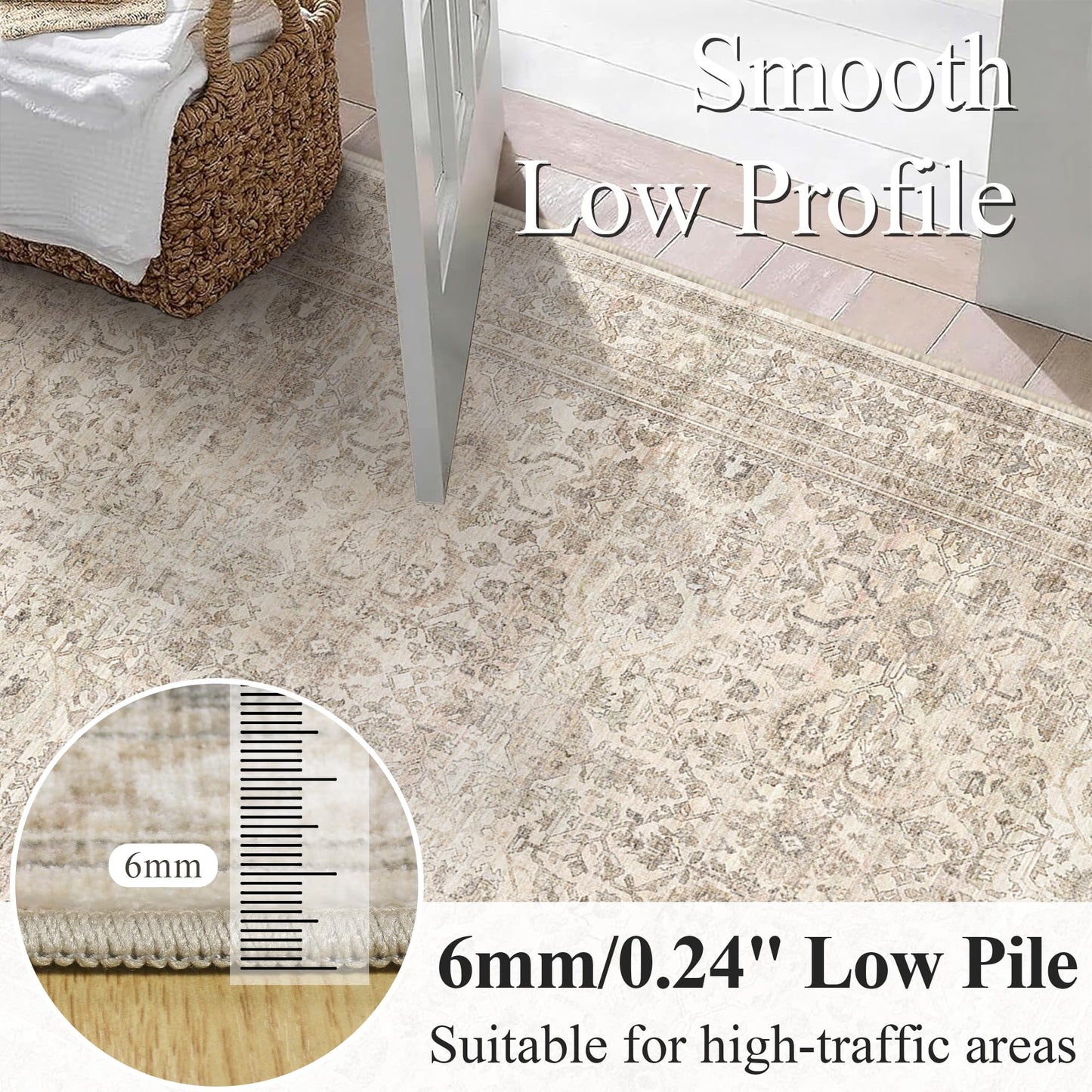 Schweek 9x12 Washable Area Rug Beige Neutral Vintage Distressed Rugs Large Non-Slip Living Room Area Rugs, Soft Low Pile Carpet Indoor Mat Throw Rug for Bedroom Dining Room Office Nursery
