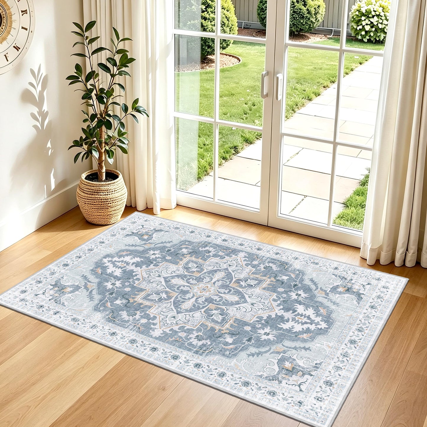 TTelephant 3x5 Washable Rug, Vintage Medallion Small Carpet for Living Room and Bedroom, Low Pile Indoor Entryway Rug with Non-Slip Silicone Backing, Non-Shedding, Blue/Gray