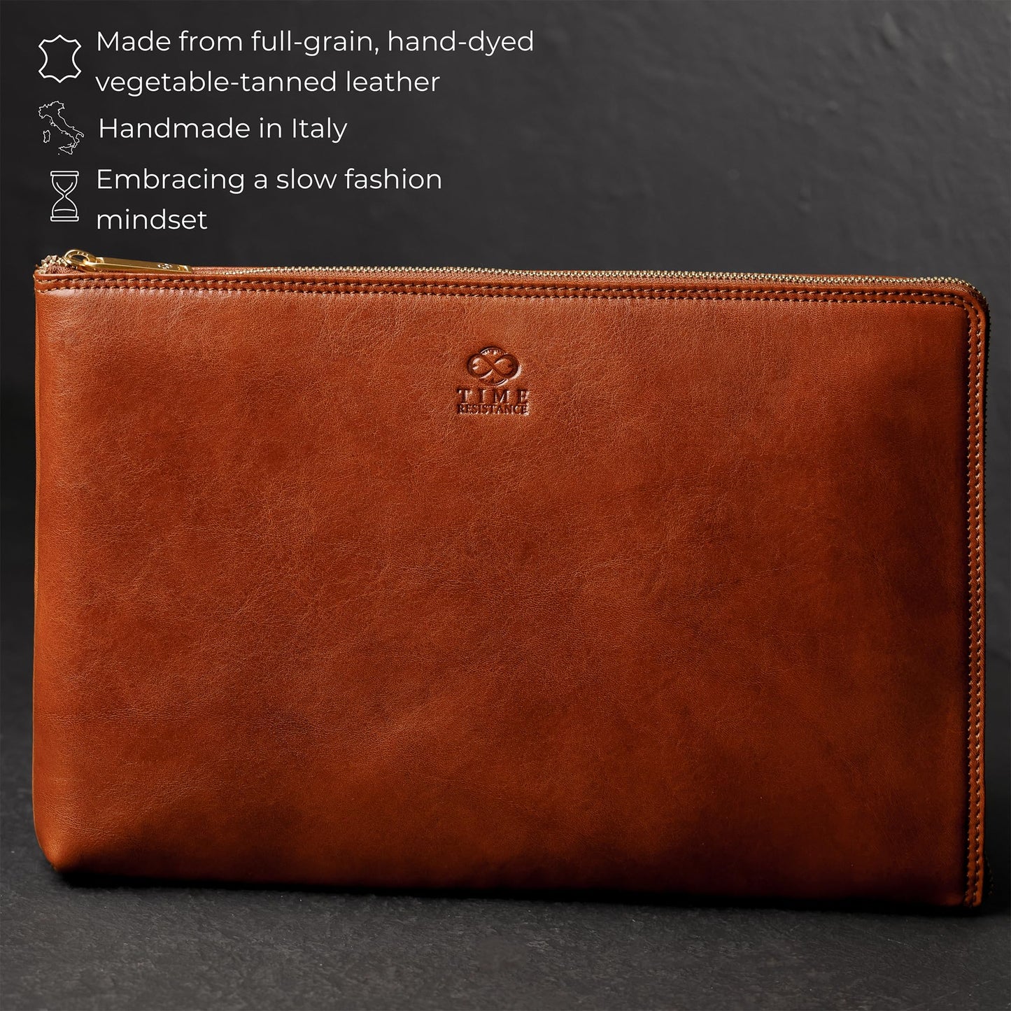 Time Resistance Leather Clutch for Men - Organizer Wrist Bag Briefcase - Handmade in Italy (Cognac Brown)