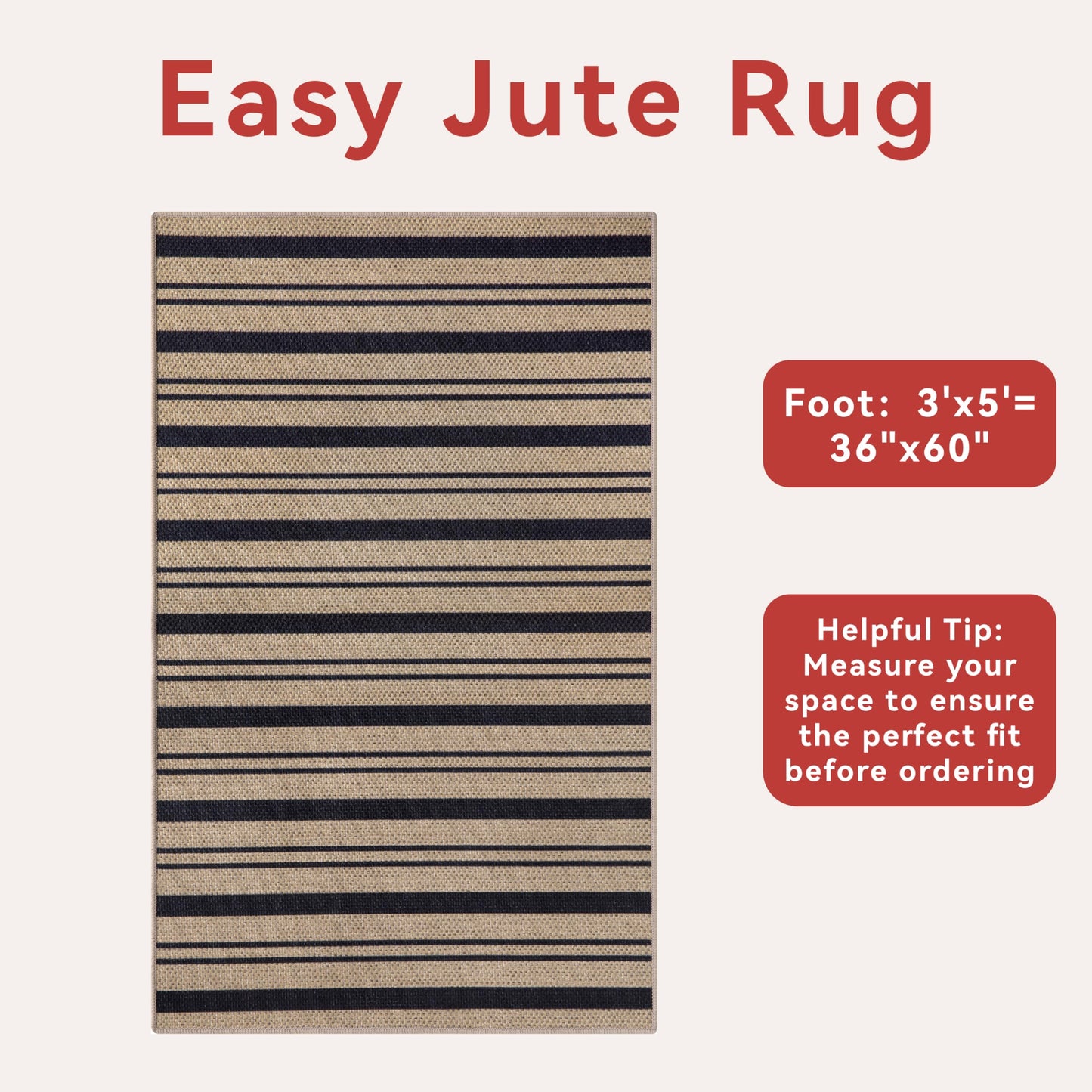 Tangsoo Stripe Easy Jute Rug,Ultra Thin 3x5 Washable Area Rug for Bedroom,Non-Slip Black Indoor Outdoor Rug Modern Farmhouse Low Pile Carpet for Patio Backyard Entryway