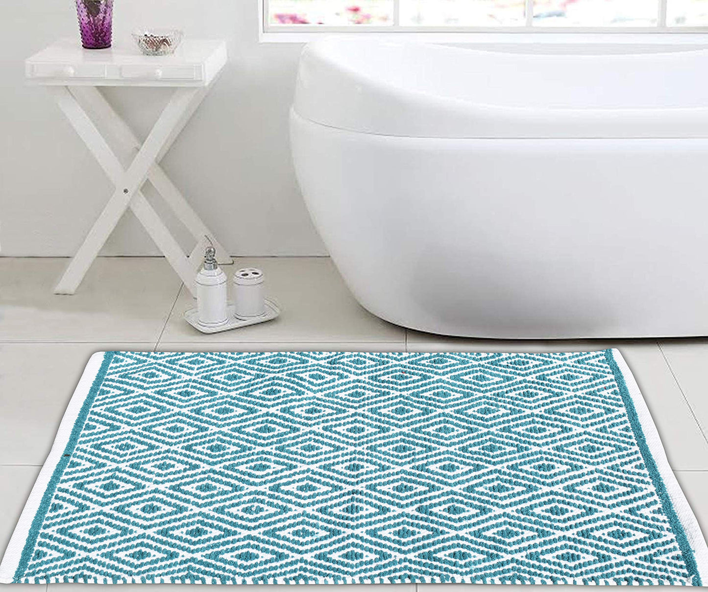 Ramanta Home 100% Cotton Diamond Handwoven Reversible Rug 21x34 Inch– Teal| Soft Washable Area Rug for Bathroom, Kitchen, Bedroom, Entryway | Durable Lightweight Handmade Accent Floor Mat | Boho Décor