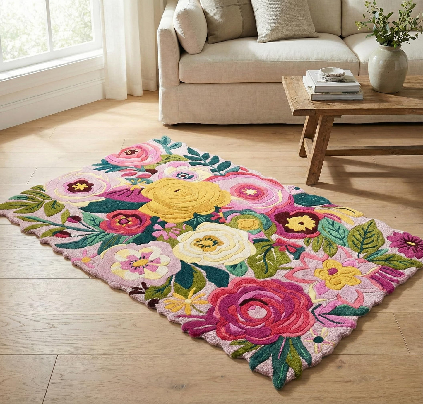 Hand-Tufted Floral Wool Area Rug - Vibrant Colorful Flower Pattern - Soft & Plush Accent Rugs/Carpet for Living Room, Bedroom, Nursery or Office - Scalloped Edge Unique Design (Multi, 2.6' x 8')