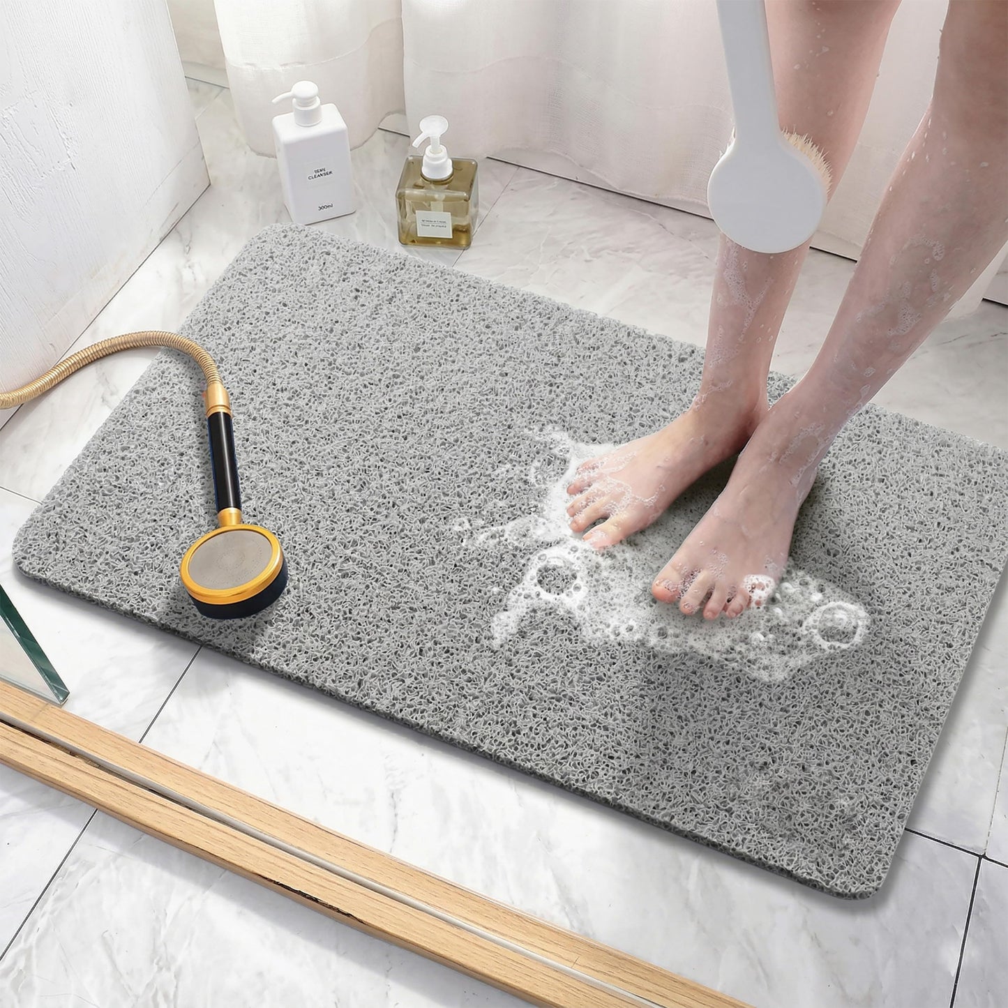 Asvin Soft Textured Bath, Shower, Tub Mat, 24x16 Inch Rectangular, Phthalate Free, Non Slip Comfort Bathtub Mats with Drain, PVC Loofah Bathroom Mat for Wet Areas, Quick Drying, Grey