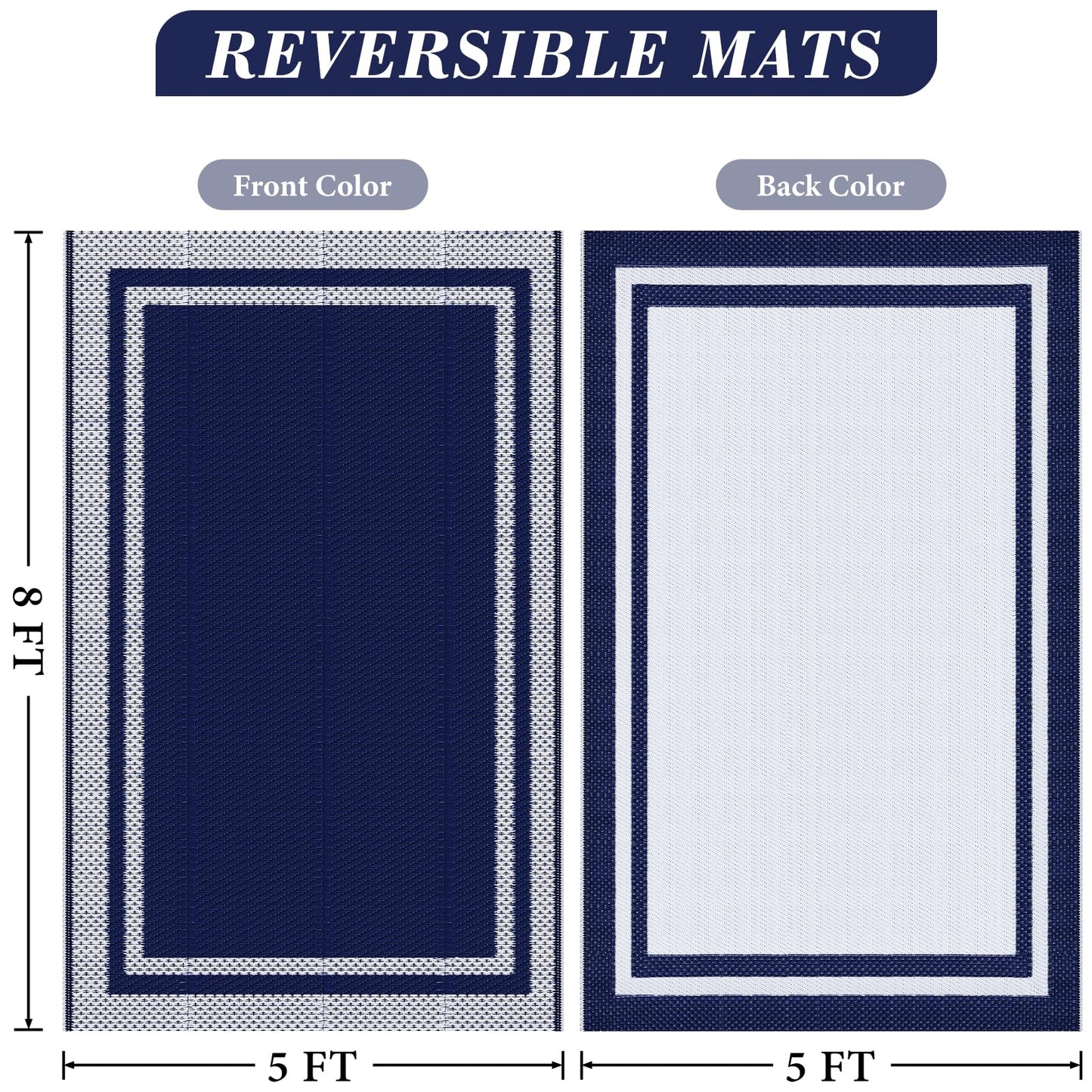 KMAT Outdoor Rug, Waterproof Reversible Patio Rugs, 5x8ft Large Outdoor Area Rug Foldable Plastic Camping Rugs for Outside RV, Patio,Picnic,Camper,Balcony,Porch (Blue &White)