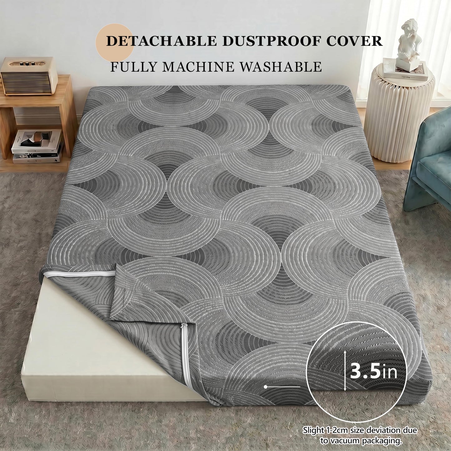 Castage Japanese Floor Mattress, 3.5" Thicken Futon Mattress Tatami Mat with Non-Slip Bottom,Removable Washable Cover,Foldable Mattress Tatami Mat Sleeping Pad，Grey Geometric，Queen(80''x60'')