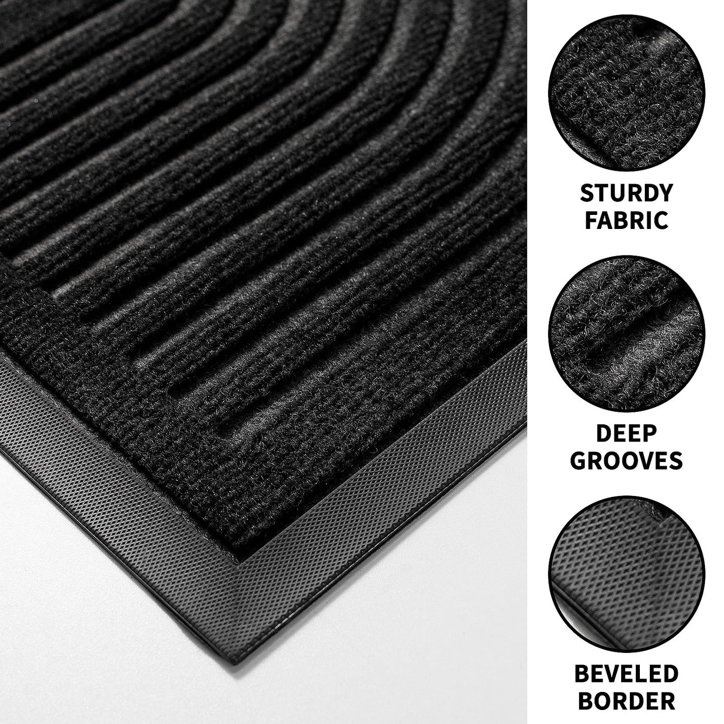 RORA Front Door Mat Outside Indoor Entrance, Heavy Duty Non Slip Welcome Doormat, Natural Rubber Floor Mat for Entryway, Patio, Garage, Porch, 29.5"x17", Black