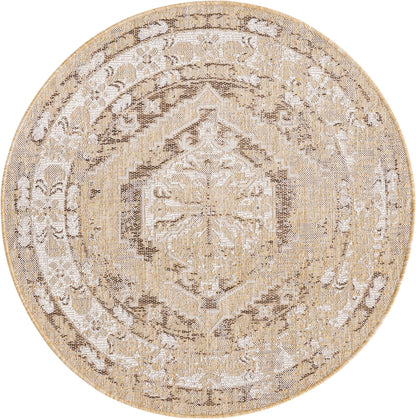 Rugs.com Outdoor Traditional Collection Rug – 4 Ft Round Natural Flatweave-Pile Rug Perfect for Kitchens, Dining Rooms