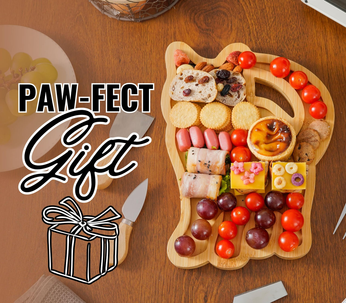 Cat Charcuterie Board,Cat Gifts for Women/Men, Cat Decor 11.81 * 8.66 * 0.78 inches Cheeses Charcuterie Wood Cutting/Serving Board Set with 4 Matching Spreaders for Housewarming Thanksgiving Christmas