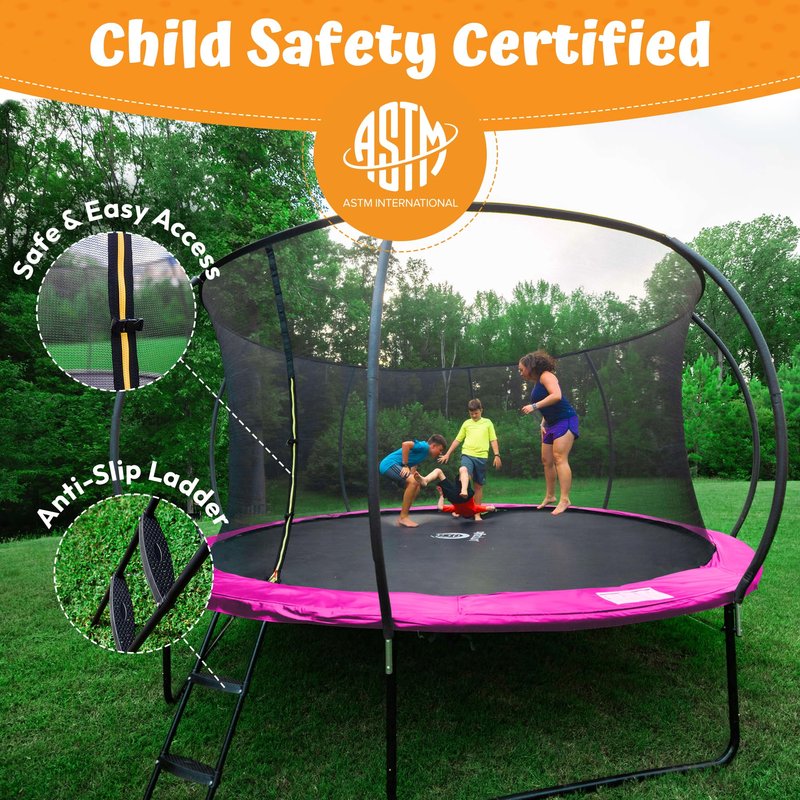 JUMPZYLLA Trampoline Outdoor 8FT 10FT 12FT 14FT 15FT 16FT with Enclosure and Ladder, ASTM Approved Recreational Trampoline for Kids and Adults, Anti-Rust Coated Frame (Pink, 8FT)