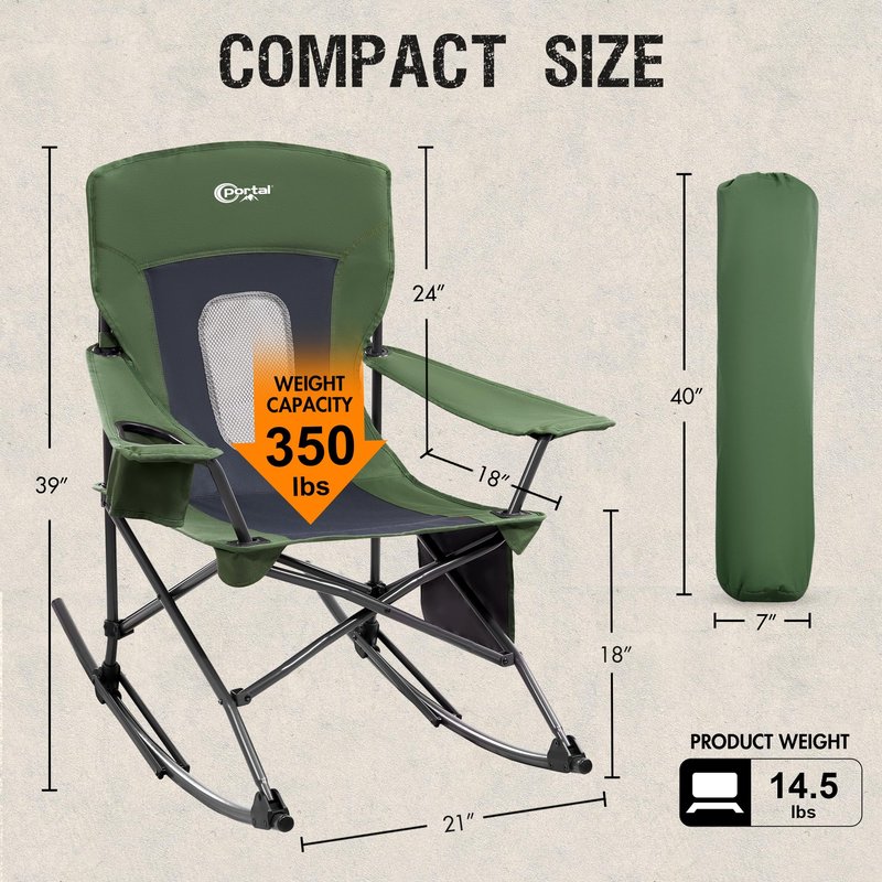 Portal Outdoor Rocking Chair Camping Folding Portable Rocker with Cup Holder Side Pocket Carry Bag, Support 350LBS (Mesh Green)