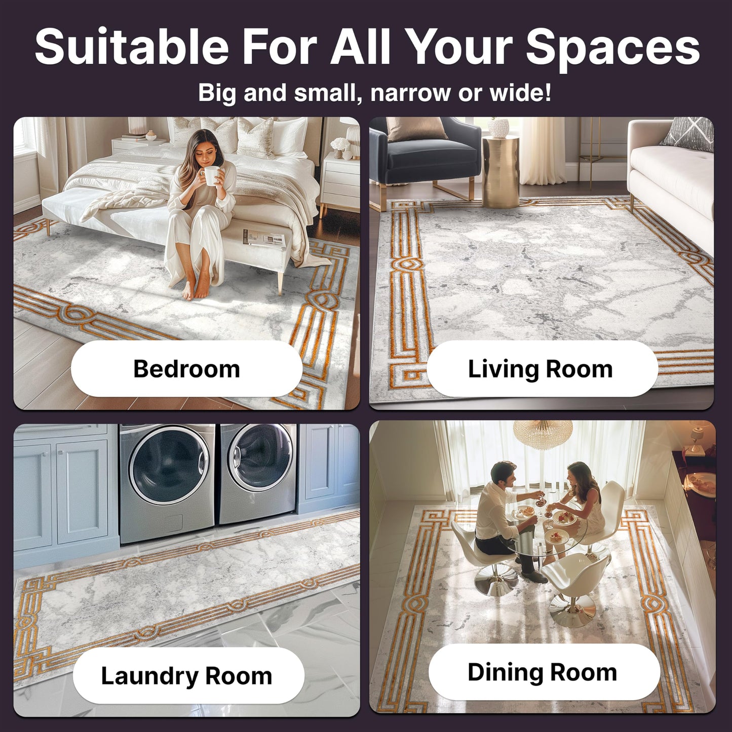 Well Woven Fairmont Collection Huntington Grey Gold & Ivory Marble Border Elegant & Soft 8x10 Area Rug Perfect for Bedroom & Living Room Durable Stain Resistant & Easy to Clean