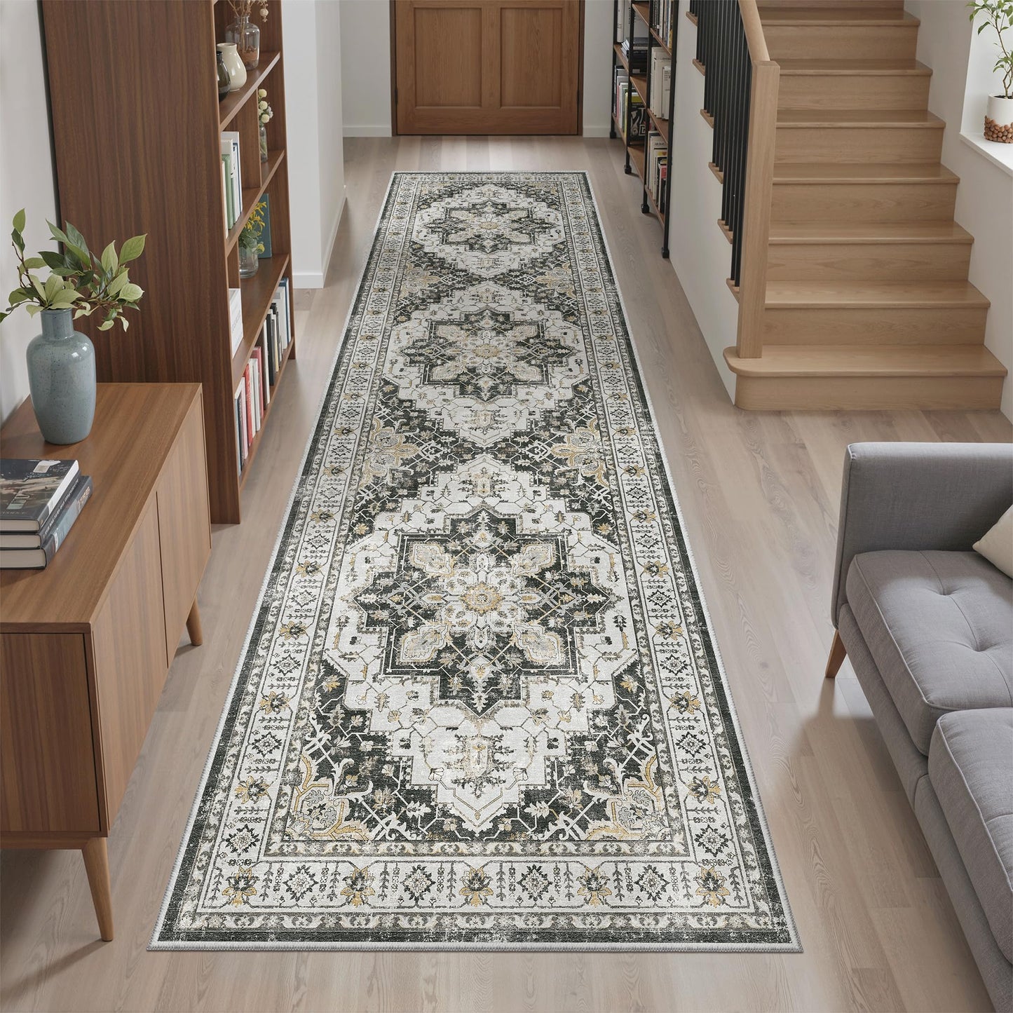 Madane Runner Rug 2x8, Washable Hallway Runner Rugs, Non-Slip Low-Pile Soft Kitchen Rug Runner Laundry Room Rug, Vintage Throw Entry Foyer Mat for Entrance Living Room (Black, 2 x 8)