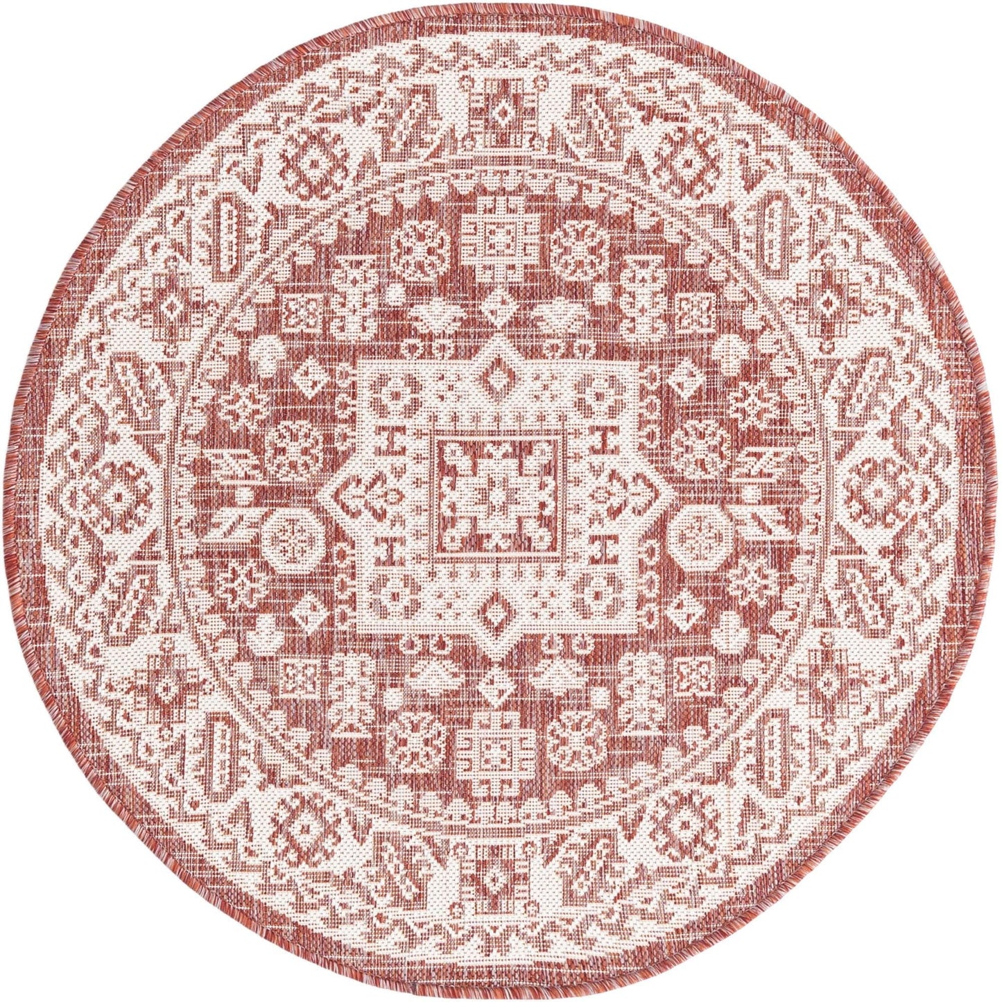 Rugs.com - Outdoor Aztec Rug – 3 Ft Round Rust Red Easy-Clean Indoor/Outdoor Rug – Weather Resistant for Patios, Decks, and Porches