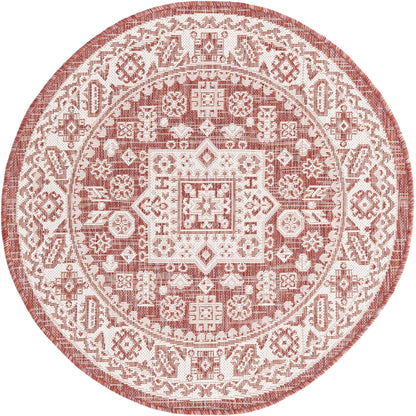 Rugs.com - Outdoor Aztec Rug – 3 Ft Round Rust Red Easy-Clean Indoor/Outdoor Rug – Weather Resistant for Patios, Decks, and Porches