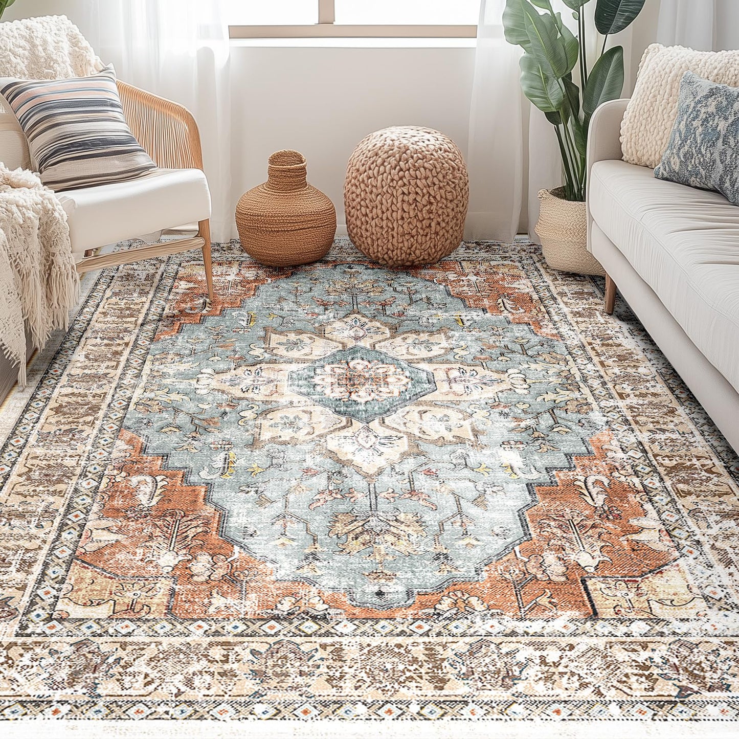 BESTSWEETIE 5x7 Area Rug Washable Rugs for Living Room, No Pile Boho Carpet for Entryway Bedroom Dinning Room, Vintage Carpet Print Distressed Non-Slip, 5 x 7 ft, Green Brick Rust Red