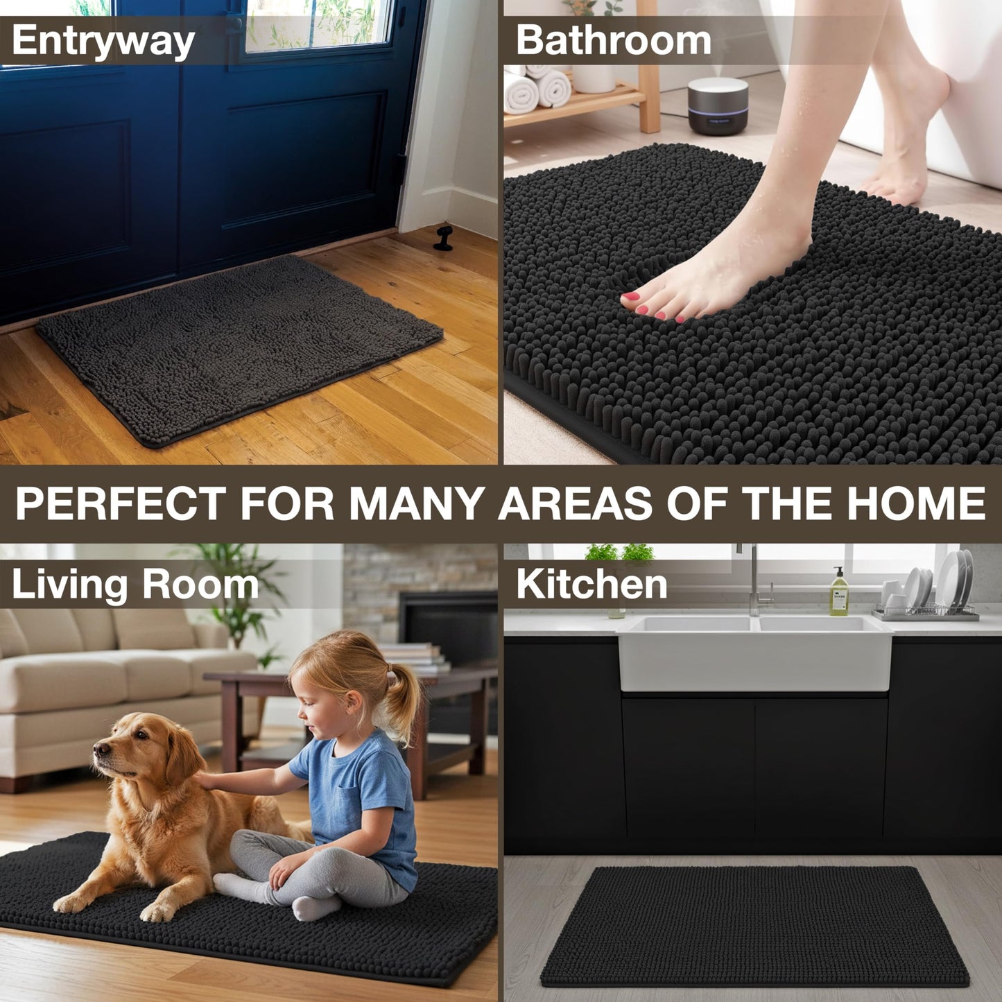 Neater Home Plush Bathroom Rugs 36x24 Thick Chenille Quick Dry Microfiber Absorbent Bath Mat, Soft Bath Rugs, Machine Washable Bathroom Floor Mat for Tub Shower Sink, Home Decor Accessories, Black
