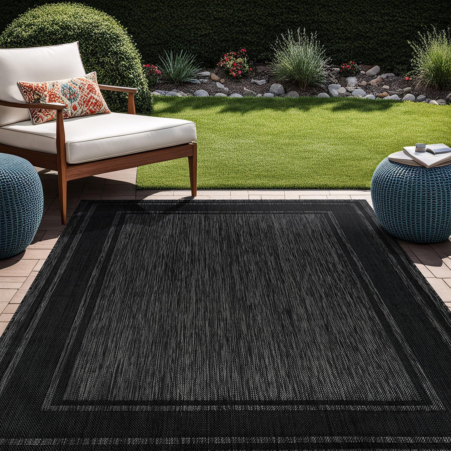 Beverly Rug Outdoor Rug 5x7 Modern Bordered Area Rugs for Indoor and Outdoor Patio Deck Porch Garden Waterproof Weather Sun Resistant Washable Outside Carpet (5 x 7 Black)