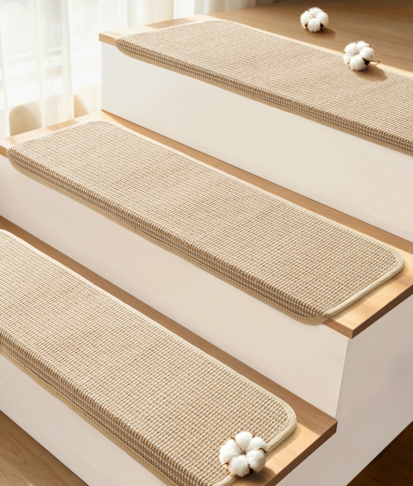 Bullnose Stair Treads for Wooden Steps: 14 Pack Bullnose Stair Carpet Treads Washable Non Slip Peel and Stick Carpet Runner for Wood Stairs 29.5"x9.5"x1.5" Beige and Natural