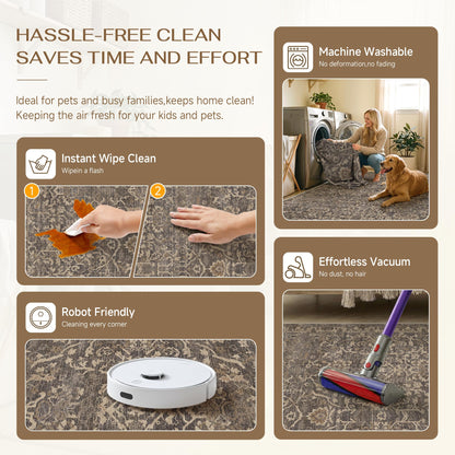HUGEAR Area Rug 9x12 Retro Brown Machine Washable Living Room Rugs Distressed Vintage Floral Vacuumable Low Pile Carpet Bedroom Office Dining Room Laundry Room Non Slip Soft Lightweight