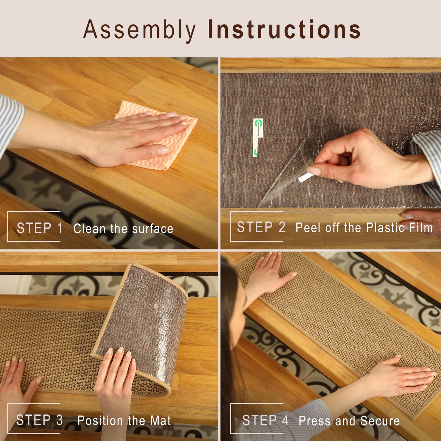15PC Non Slip Stair-Treads, 3D Peel and Stick Stair Treads for Wooden Steps Indoor | Stair-Carpet Treads Washable Reusable Adhesive | carpet for stairs Stair-Runner Rugs for Kids and Dogs 9"x28" Beige