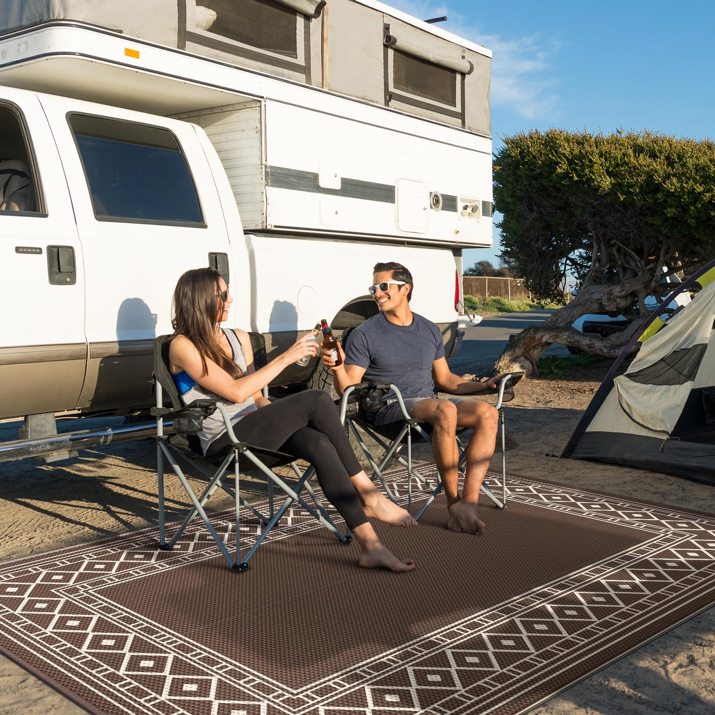GENIMO Outdoor Rug Waterproof for Patio Decor, 5'x8' Reversible Plastic Straw Rug Carpet, Camping Mat for Outdoor, RV, Backyard, Deck, Balcony, Picnic, Beach, Coffee & Beige