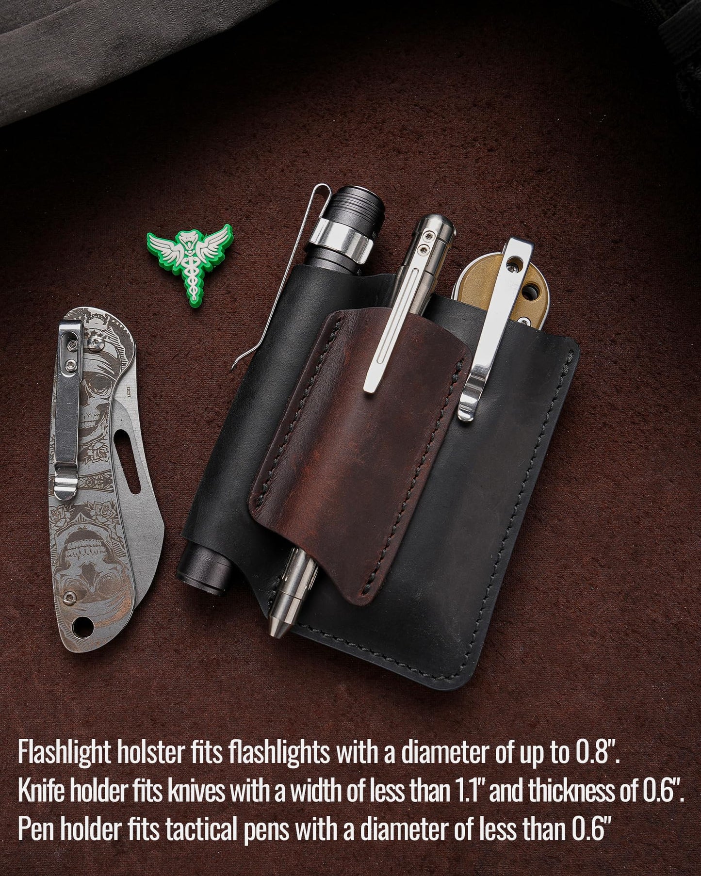 VIPERAED PJ38 Leather Multitool Sheath for Men, 4-in-1 Utility Leather Holster, EDC Pocket Organizer for Pocket Knife Multitool Flashlight and Pen
