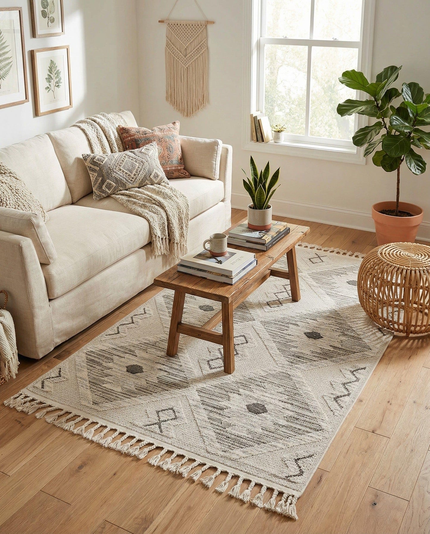 Rugs.com - Arlo Rug – 4' x 6' Sandy Beige Stain-Resistant Textured Area Rug – Modern Tribal Design with Fringe, Perfect for Living Rooms, Bedrooms, and Home Offices