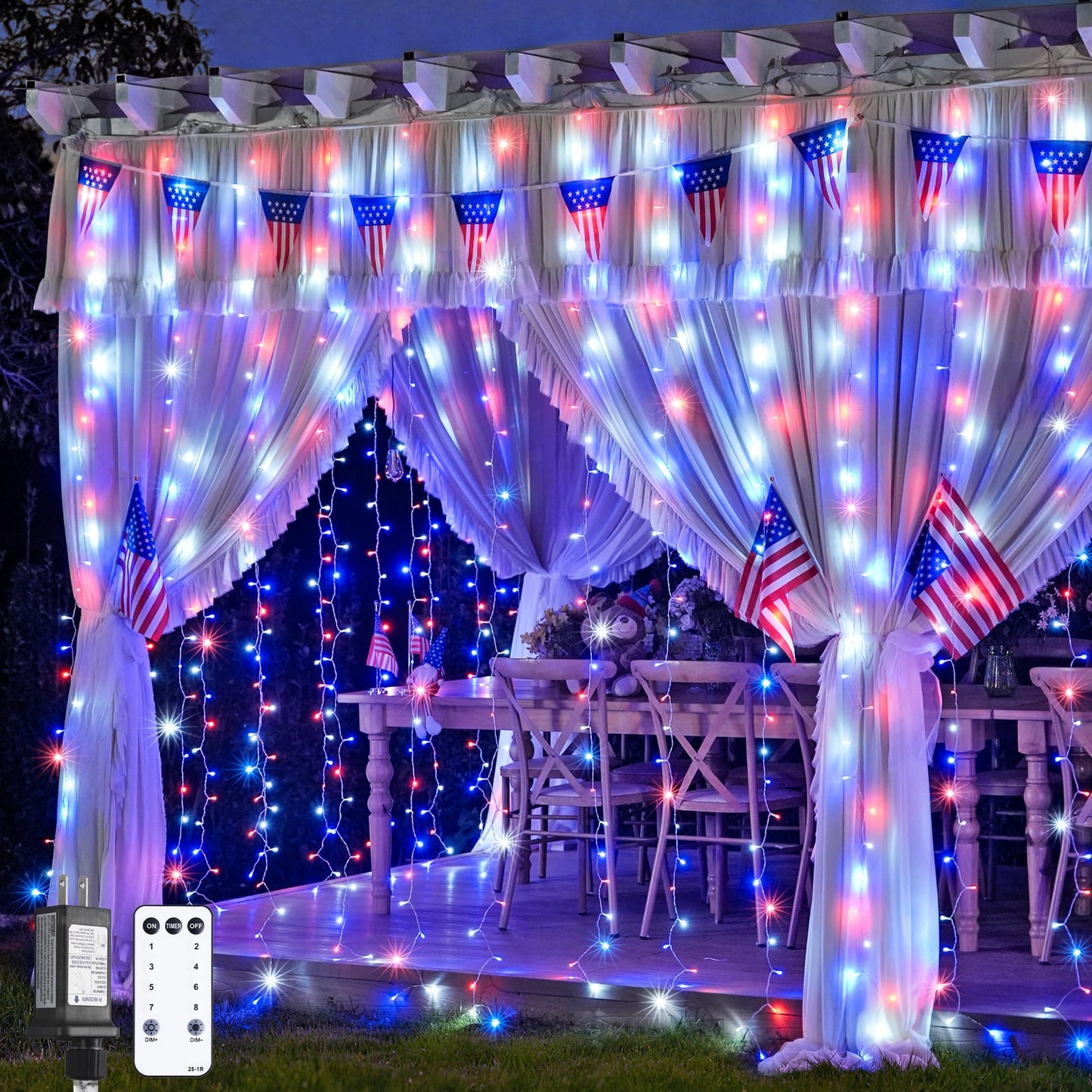 JMEXSUSS 300LED Red White and Blue Lights with Remote, 4th of July Lights Plug in, Patriots Curtain Hanging String Lights for Bedroom Wall Window Backdrop Indoor Outdoor 4th of July Decor, 9.8x9.8ft