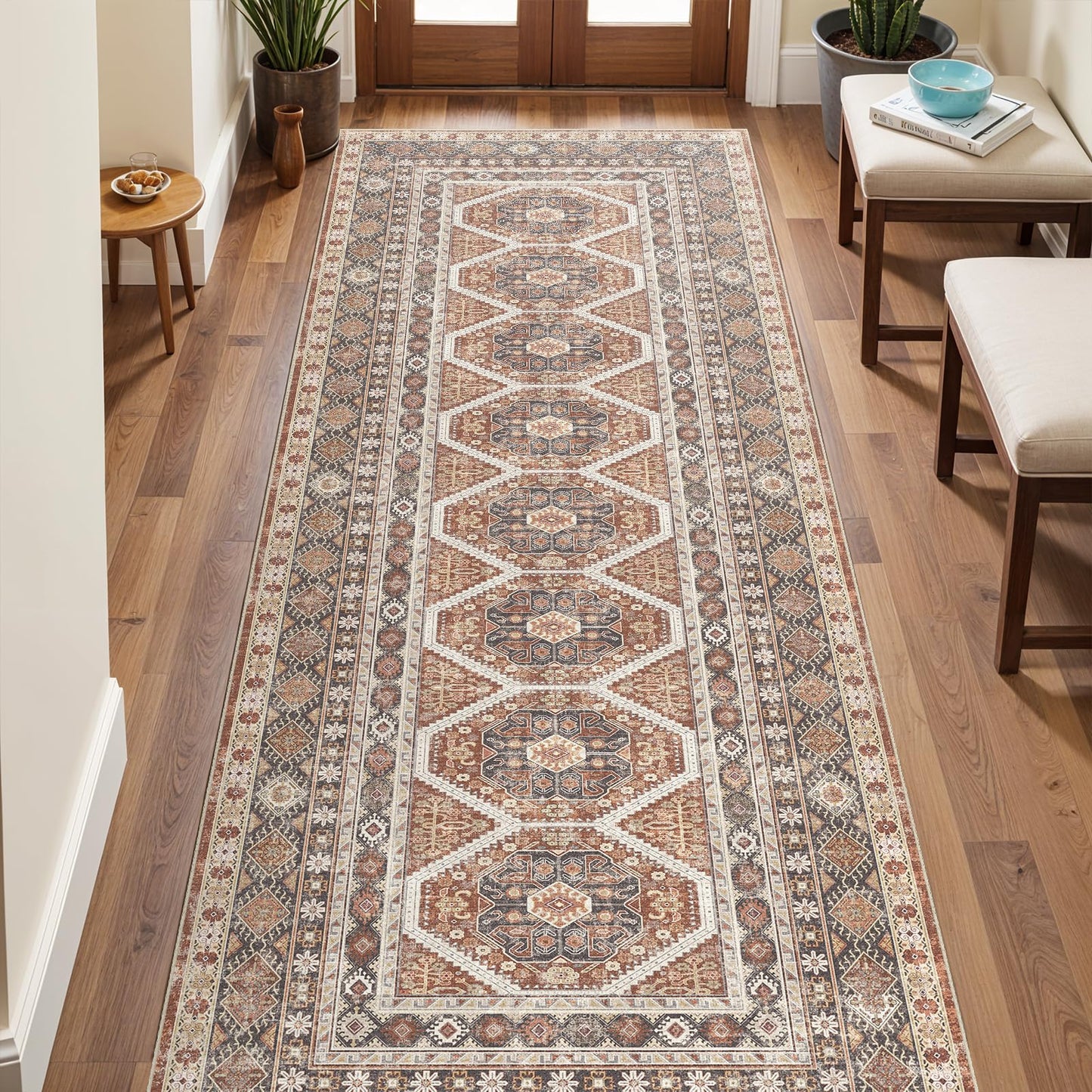 3x8 Runner Rug Kitchen Washable: Oriental Indoor Hallway Runners with Non Slip Backing Floor Mat for Entryway Door Low Pile Thin Carpet for Bedroom Bathroom Living Room Bedside Brick
