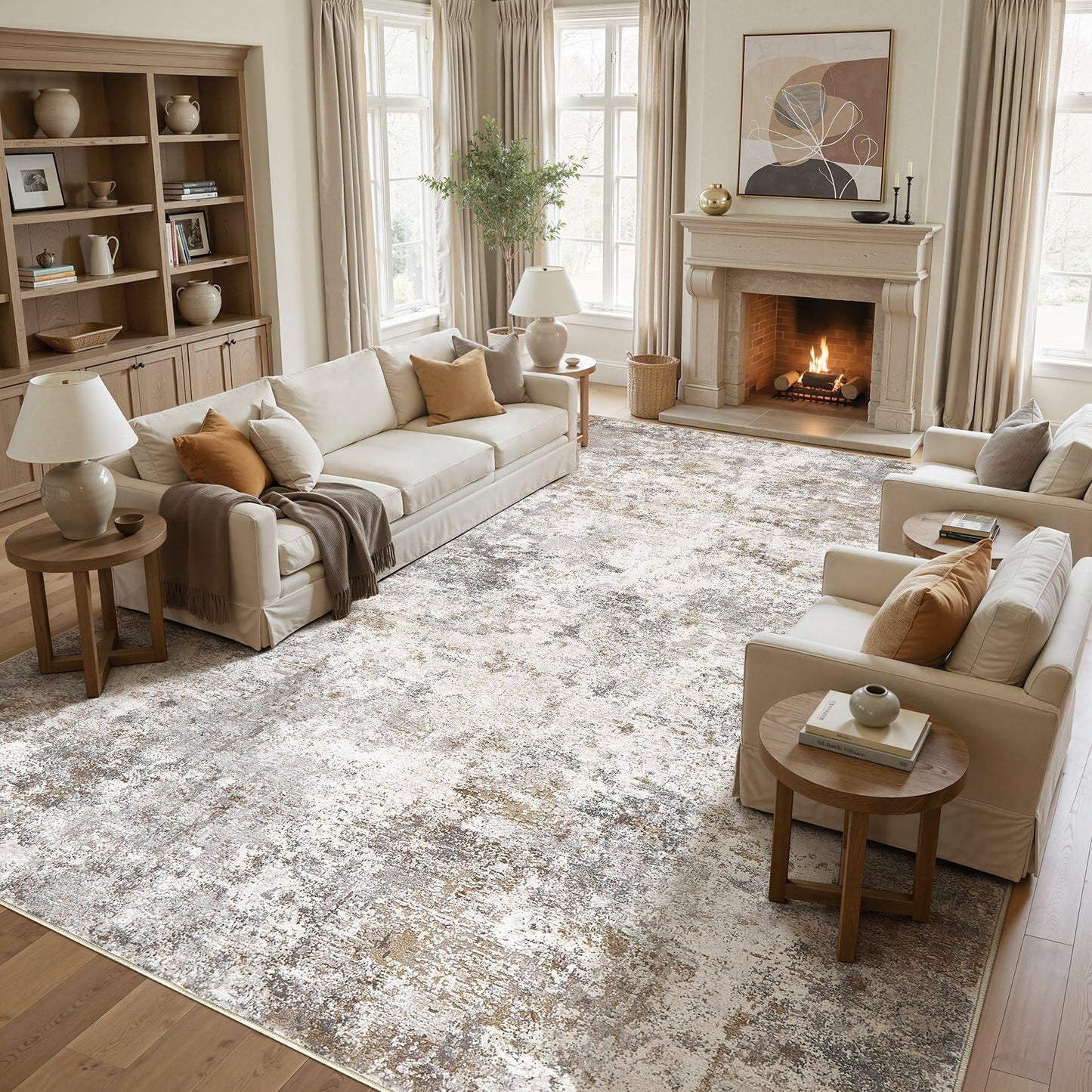 UERMEI 10x12 Area Rug Living Room Rugs - Washable Neutral Modern Abstract Soft Thin Large Rug Indoor Floor No Slip Rug Carpet for Bedroom Under Dining Table Home Office Decor - Brown Grey