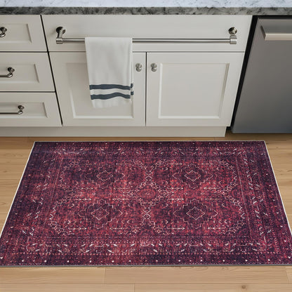 Bloom Rugs Washable Non-Slip 3' x 5' Rug - Dark Red Traditional Bordered Area Rug for Living Room, Bedroom, Dining Room, and Kitchen - Exact Size: 3' x 5'