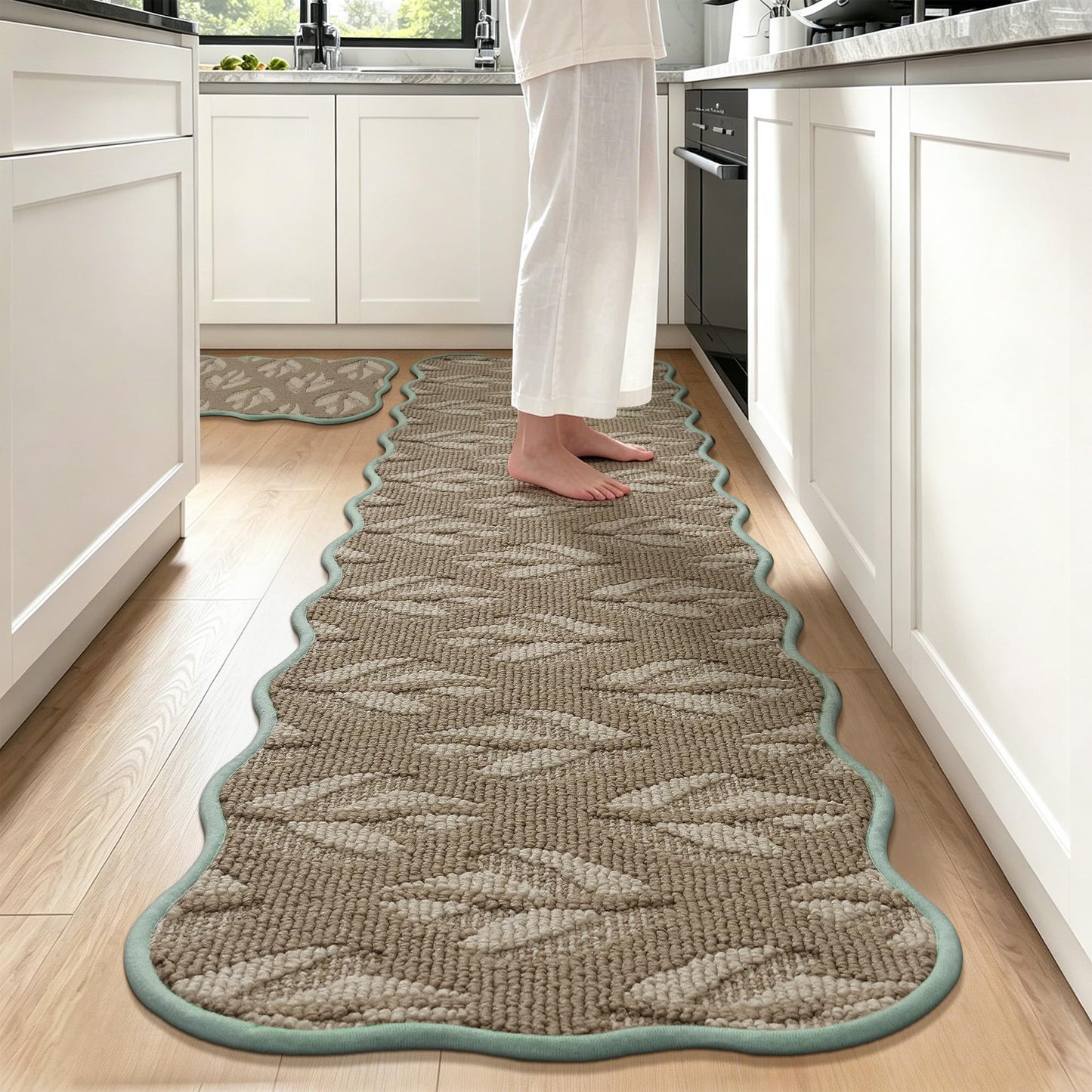 FLOORHUG Non-Slip Kitchen Rugs Set of 2, Scalloped Kitchen Mats for Floor, Absorbent and Stain Resist Kitchen Floor Mat, Washable Kitchen Runner Rug for Laundry&Sink, 17"x30"+17"x72", Leaf/Beige