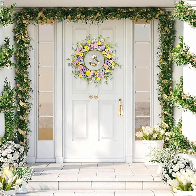 24" Front Door Wreath for Spring Summer Floral Seasonal Wreath with Colorful Flower Vibrant Artificial Daisy &Eucalyptus with Berries for Indoor & Outdoor Wall Home Decor