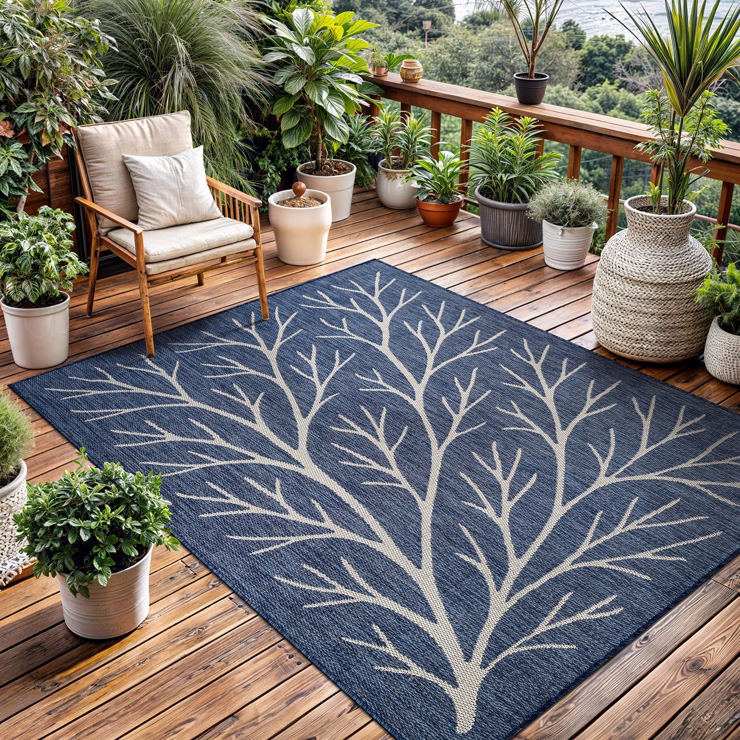 Washable Indoor Outdoor Rug 5x7 Modern Area Rugs Branch Pattern Non Shedding Waterproof Easy Clean Patio Deck Porch Living Room Bedroom Garden RV (5 X 7 Blue)