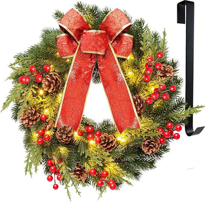 Christmas Wreath 16 Inches, with Metal Hanger, Pre-Lit Artificial Christmas Front Door Wreath Battery Operated with 40 LED Lights Christmas Decorations