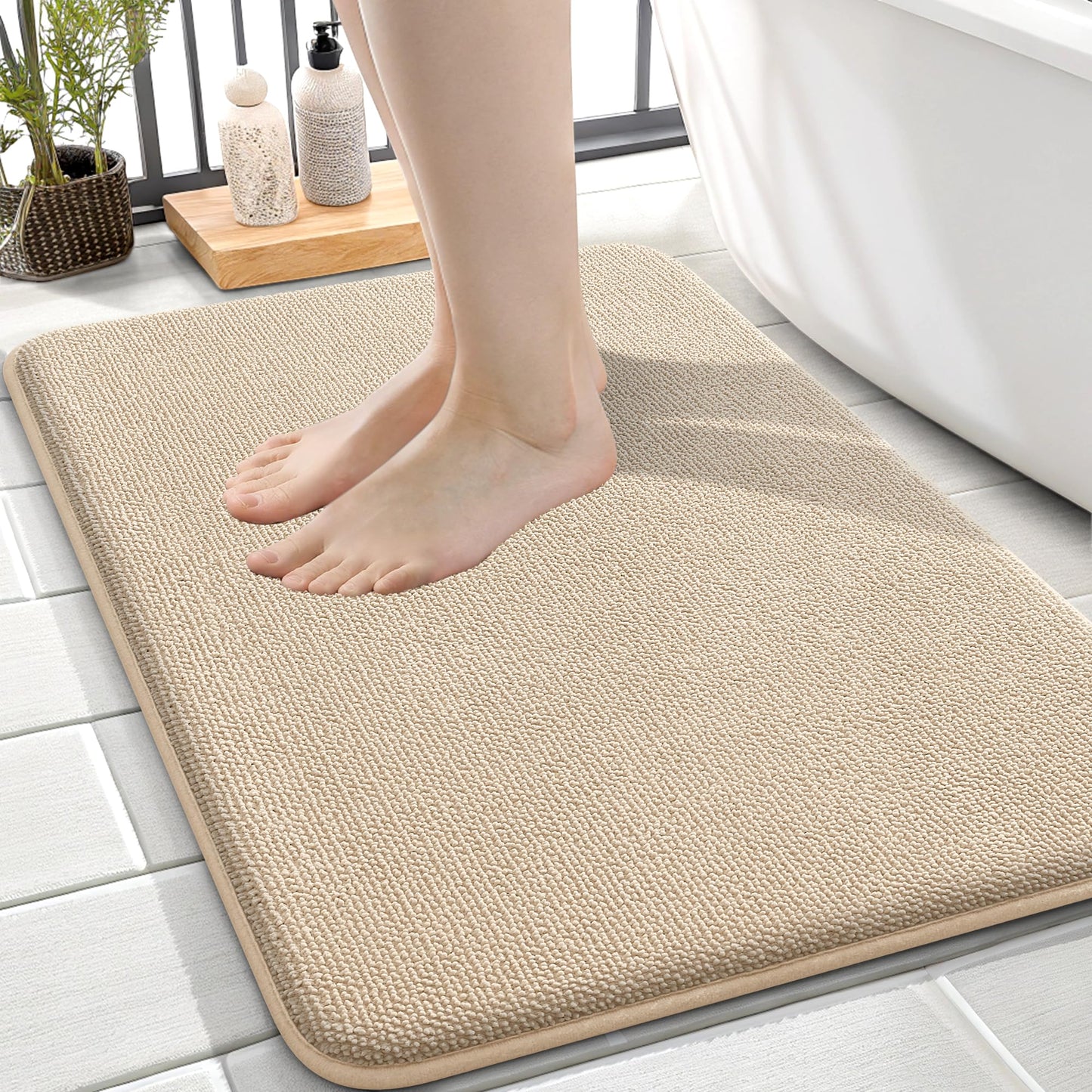 OLANLY Thick Memory Foam Small Bathroom Rugs 24x16, Extra Soft Absorbent Bathroom Mat, Quick Dry Bath Mat, Non-Slip, Machine Washable Carpet for Bathroom, Tub and Shower, Home Decor Accessories, Beige