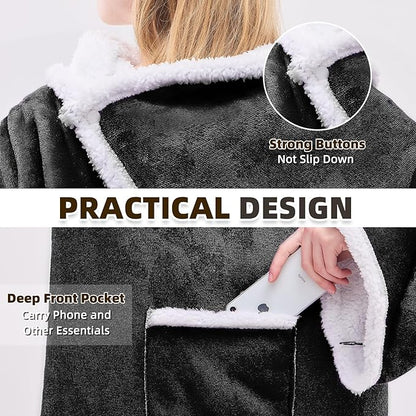 IFNOW Sherpa Wearable Blanket with Sleeves for Women Men Adults, Cozy Wearable Blanket with Arm and Pocket, Warm Full Body TV Wrap Throw Blanket, Soft Robe Blanket as Gifts for Mom Wife, Black
