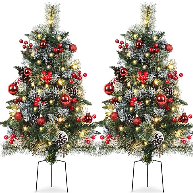 2 Packs 30in Frosted Outdoor Christmas Trees, Pre-Lit Battery Operated Fake Xmas Tree Holiday Decor with Stake, Multi-Color & WW Waterproof String Lights, Red Berries & Balls, Pine Cones