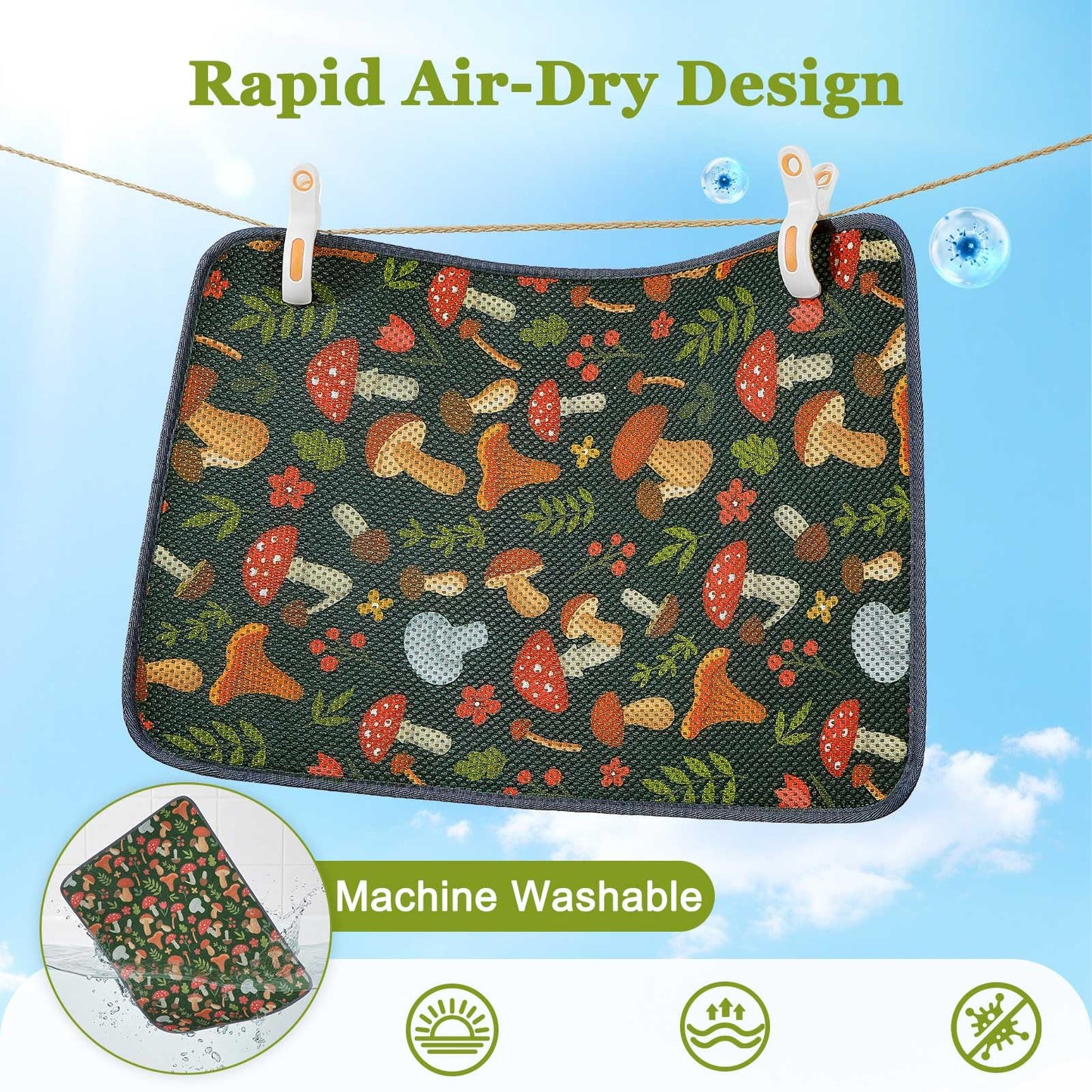 Unicorn Catcher 40X30in Cat Litter Mat Machine Washable Soft 3D Air Mesh Litter Box Rug Non-Slip Backing Quick Dry Scatter Control for Paws,Green Mushrooms
