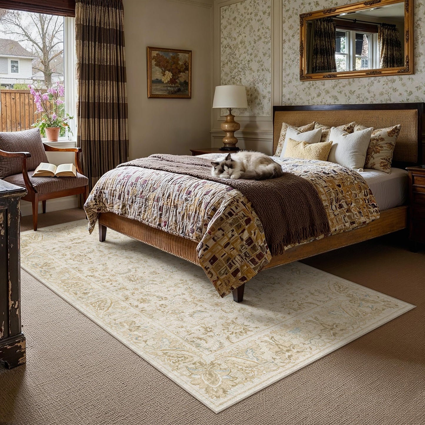 WondRg 8x10 Washable Area Rug for Living Room Bedroom Beige Low Pile Non Slip Rug Neutral Distressed Carpet Dining Room Classroom Playroom Home Decor